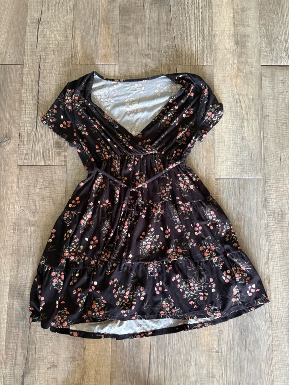 No Boundaries Black Floral Wrap Dress with Pink Floral Print